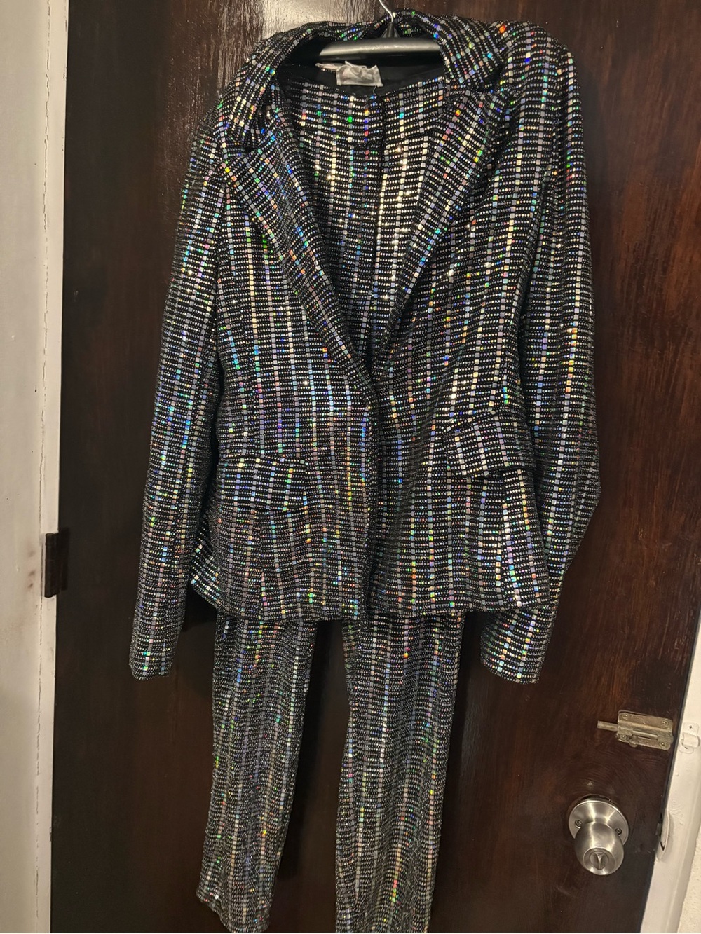 L'ATISTE Black Holographic Sparkle Blazer & Pants Suit. Size Medium.